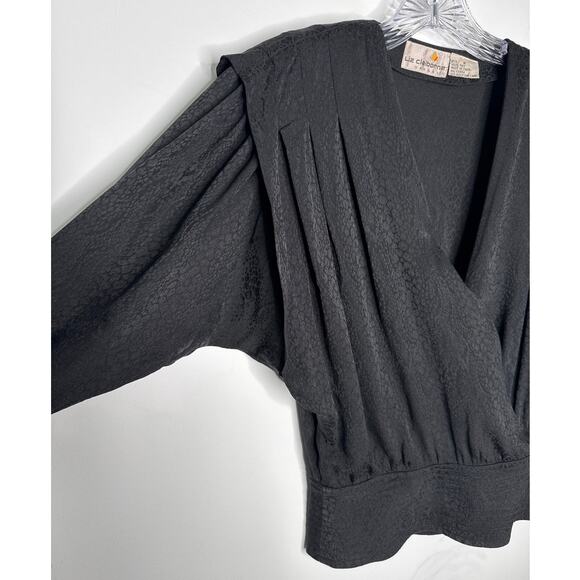 Vintage Liz Claiborne 100% Silk Wrap Blouse Black Jacquard 80s Small - Picture 7 of 13